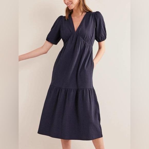 BODEN Jersey Seersucker Midi Cotton Dress V Neck Navy Blue US 12 Regular Large - Picture 2 of 10